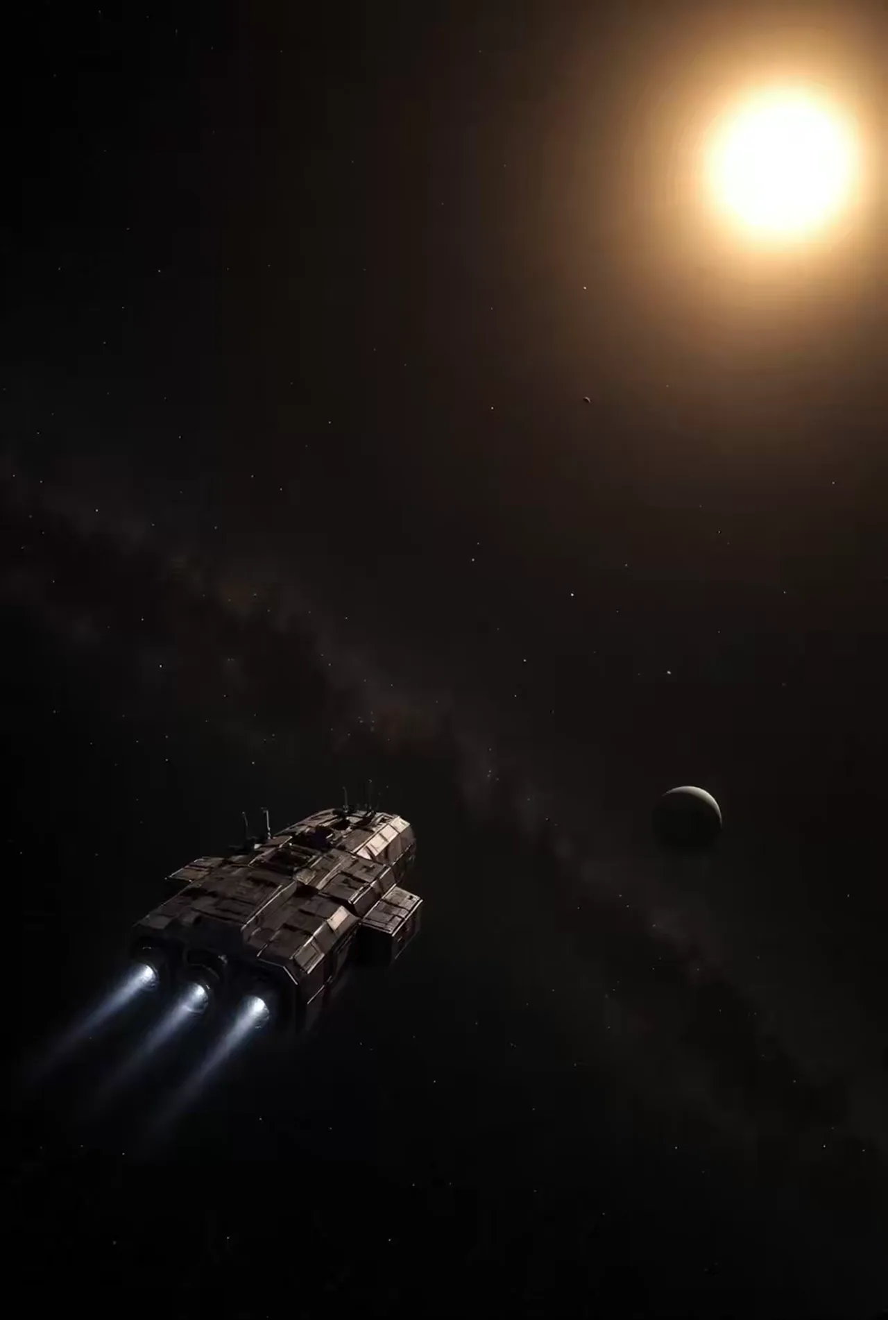Spaceship Flies Past Ringed Planet