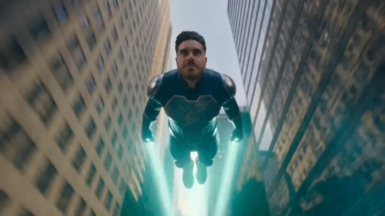 Superhero Flying Through City Buildings