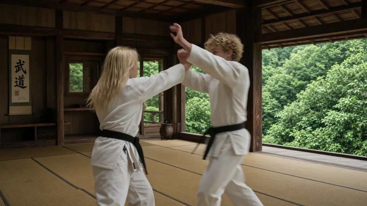 Two Martial Artists Sparring in Dojo