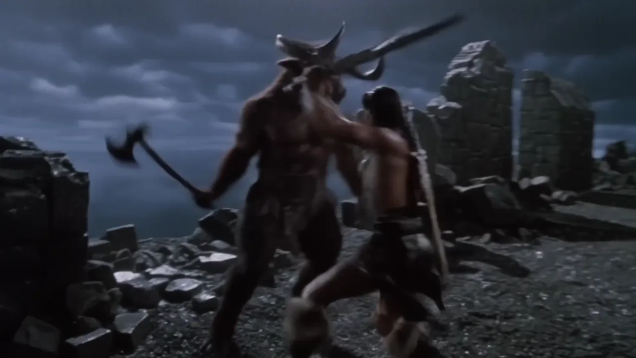 Warrior Battles Beast and Kisses Woman