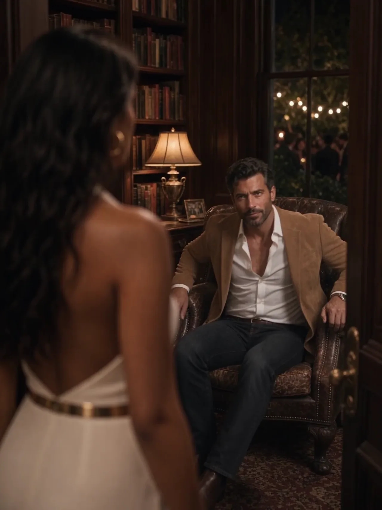 Woman Approaches Man in Armchair